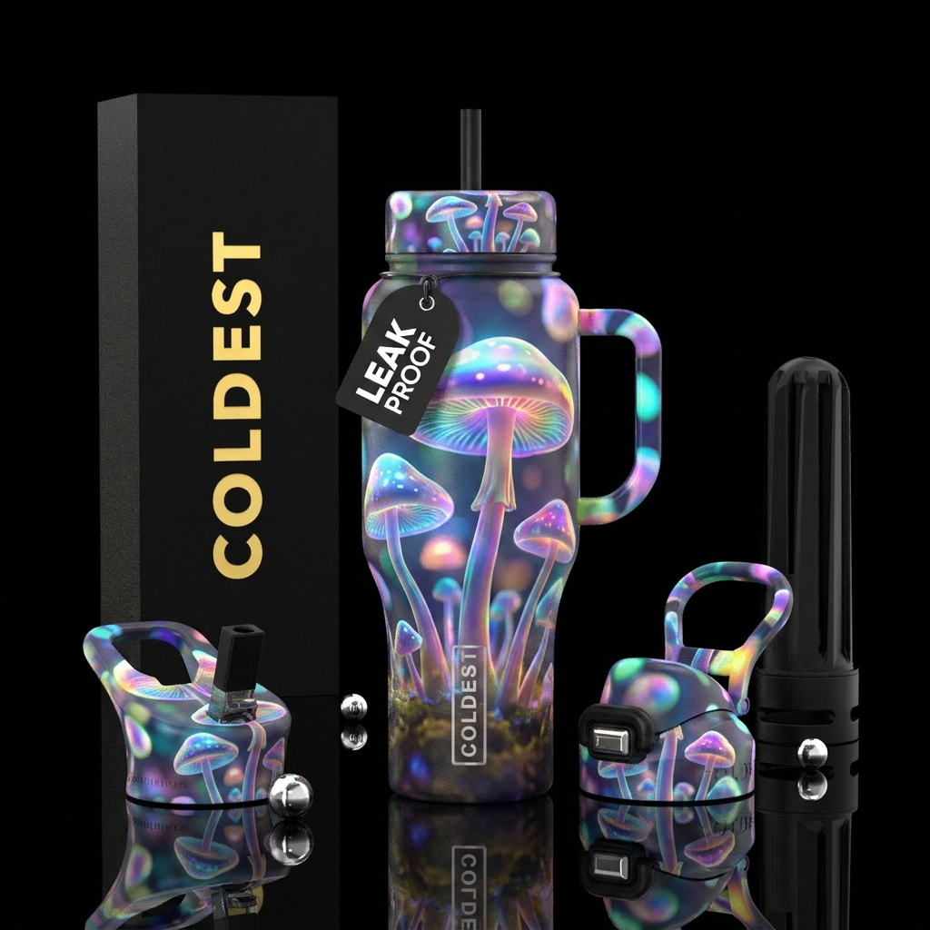 Magic mushrooms, glossy, glowie, psychedelic,bokeh... water bottle design