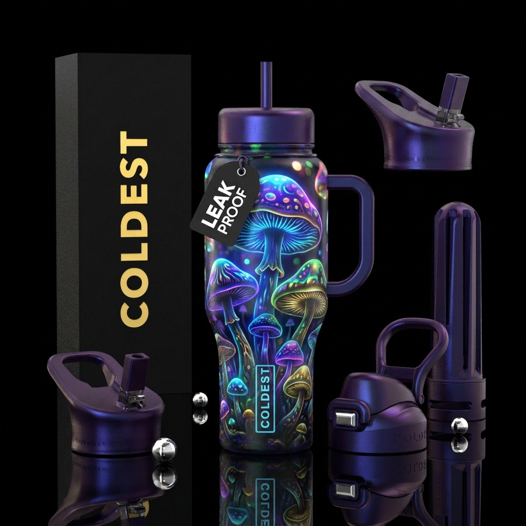 Magic mushrooms, glossy, glowie, psychedelic,bokeh... water bottle design
