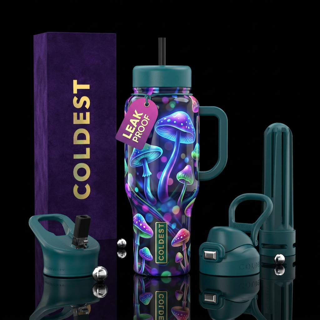 Magic mushrooms, glossy, glowie, psychedelic,bokeh... water bottle design