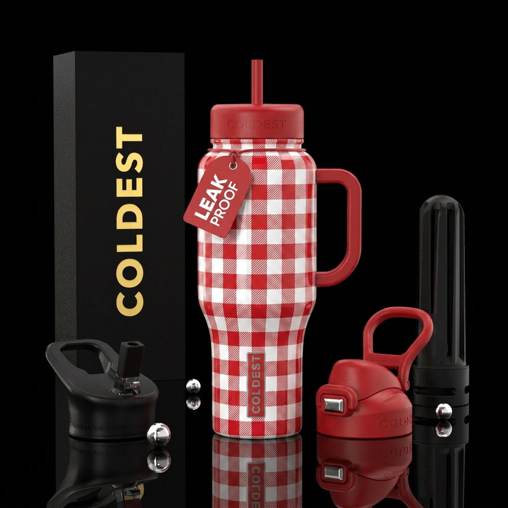 Red whitw gingham, glossy, trompe-l'œil water bottle design