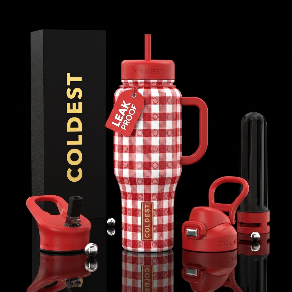 Red whitw gingham with stiched circles in the squa... water bottle design