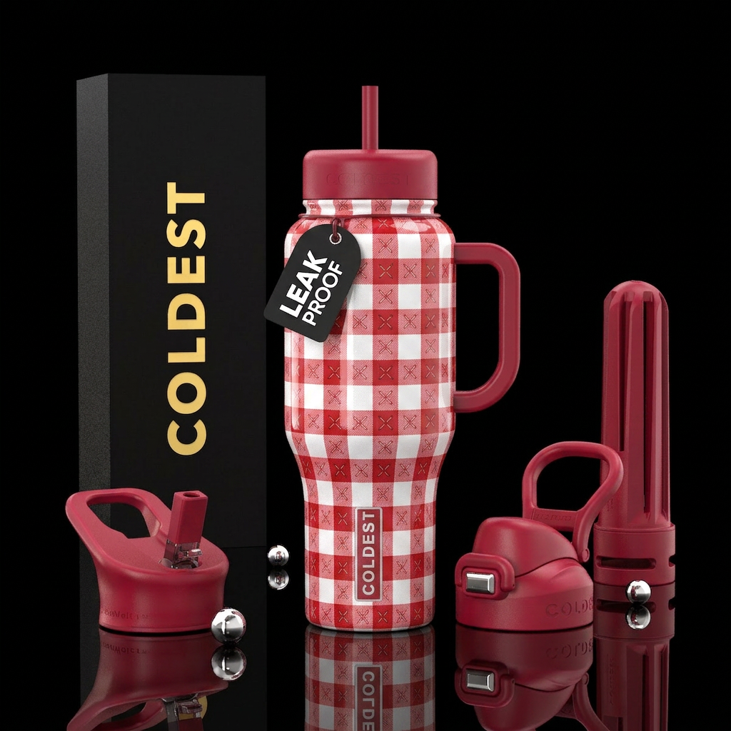 Red whitw gingham with stiched circles in the squa... water bottle design