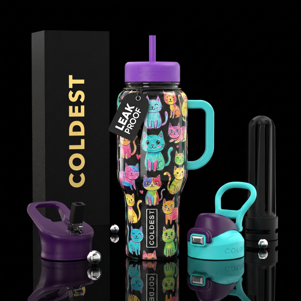 Child's drawings of cats, cute, colorful, glossy water bottle design
