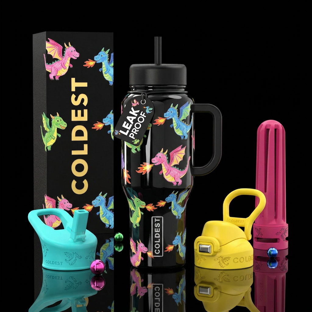Child's drawings of dragons, cute, colorful, gloss... water bottle design