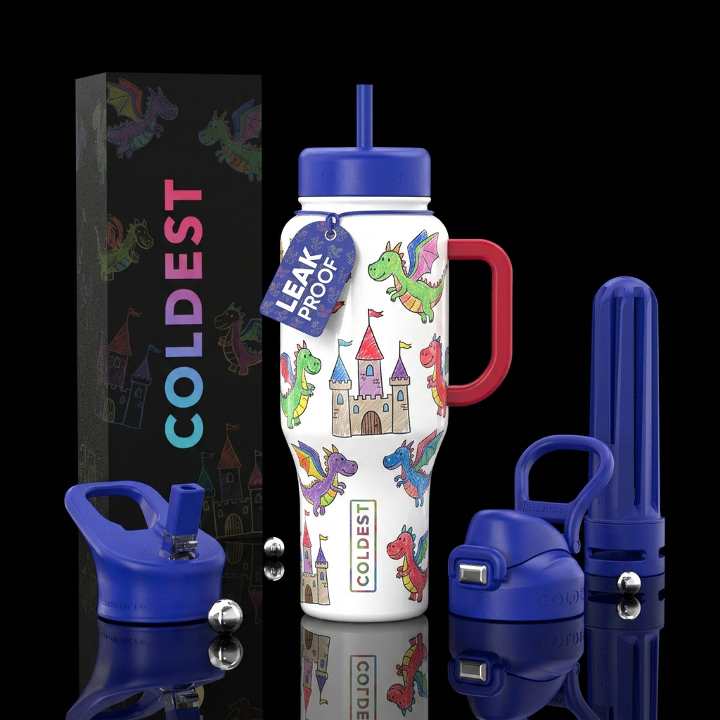 Child's drawings of dragons and castles, cute, col... water bottle design