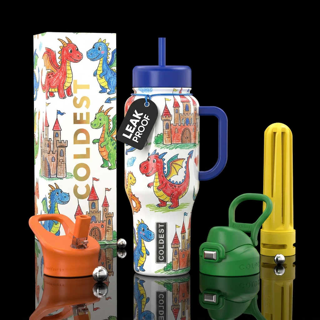Child's drawings of dragons and castles, cute, col... water bottle design