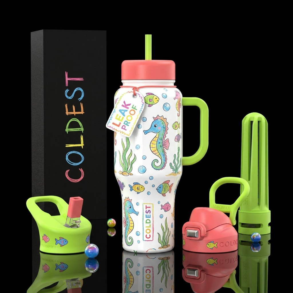 Child's drawings of seahorses, cute, colorful, glo... water bottle design