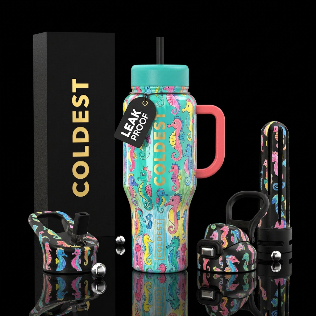 Child's drawings of seahorses, cute, colorful, glo... water bottle design