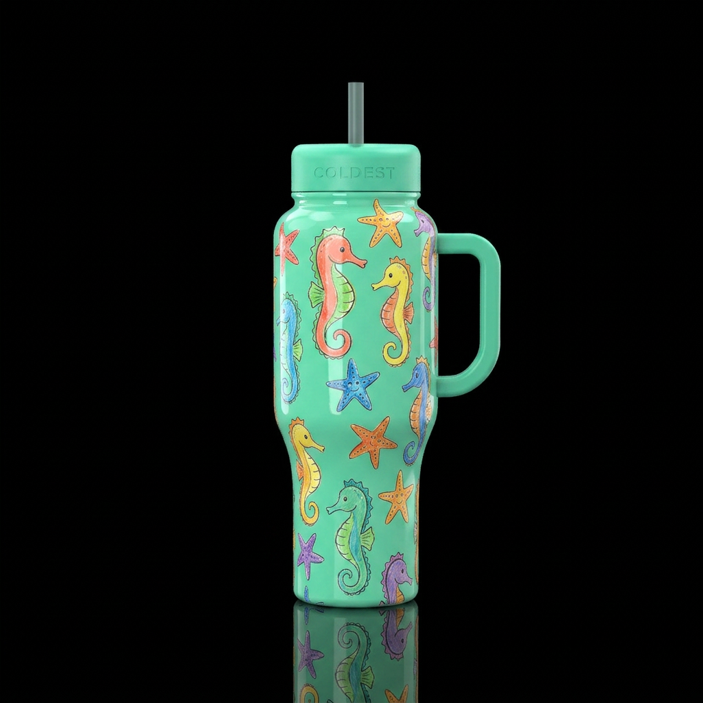 Child's drawings of seahorses and starfish, cute, ... water bottle design
