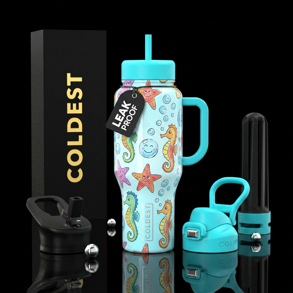Child's drawings of seahorses and starfish, bubble... water bottle design
