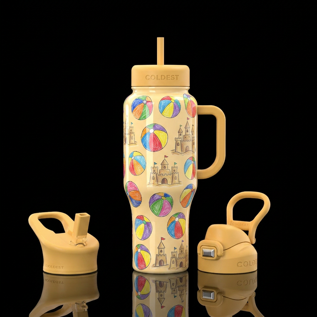 Child's drawings of beach balls and sand castles,c... water bottle design