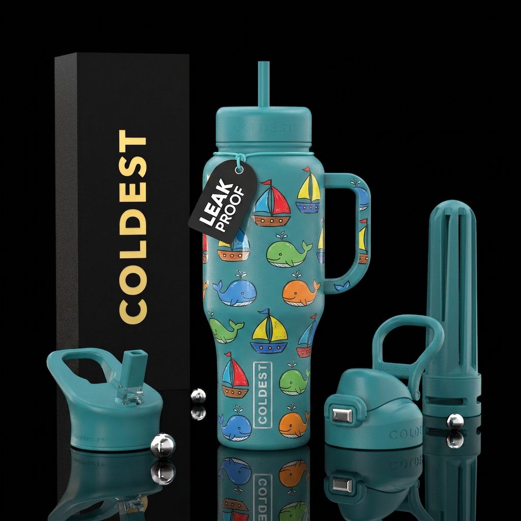 Child's drawings of sailboats and whales,cute, col... water bottle design