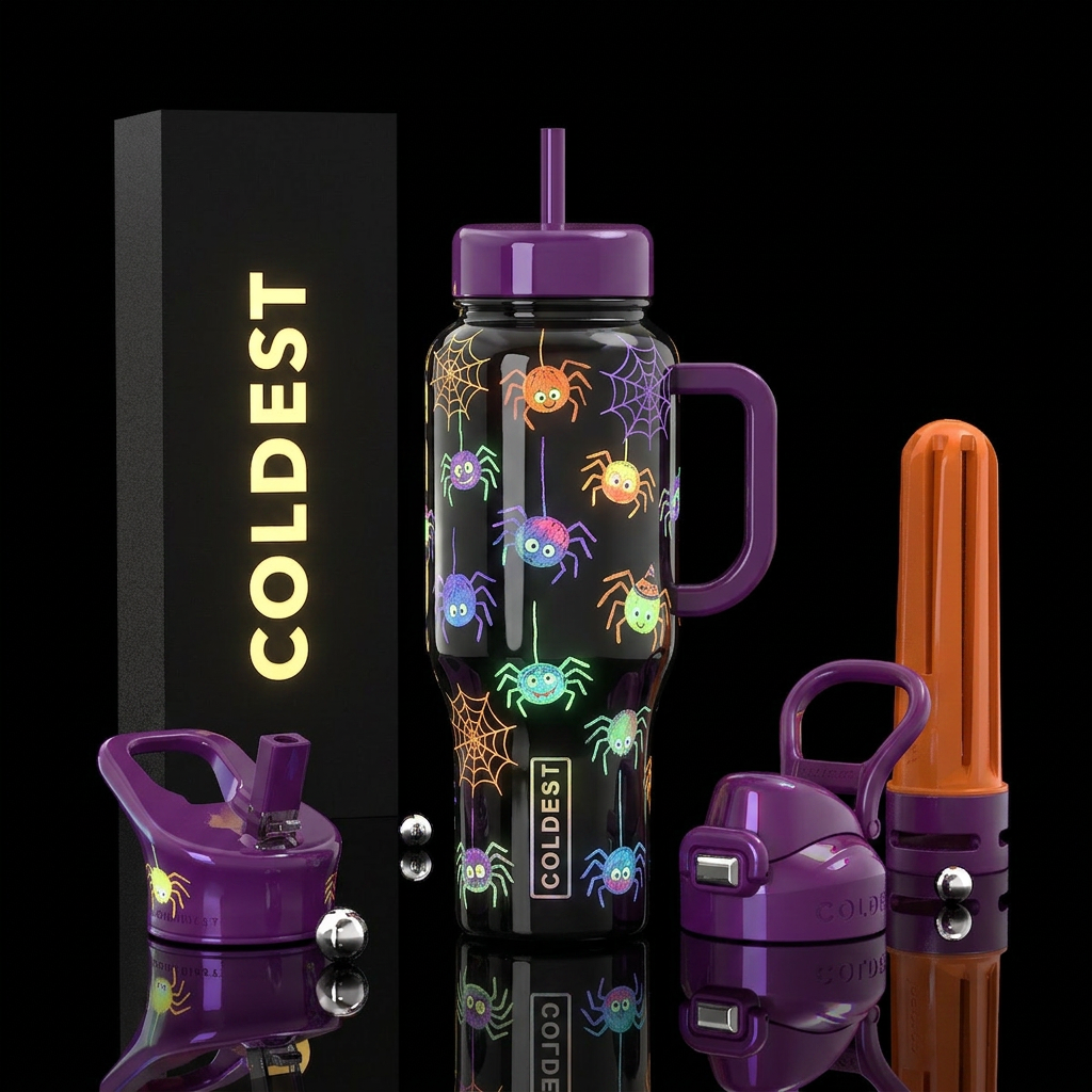 Child's drawing, Halloween themed spiders,cute, wh... water bottle design