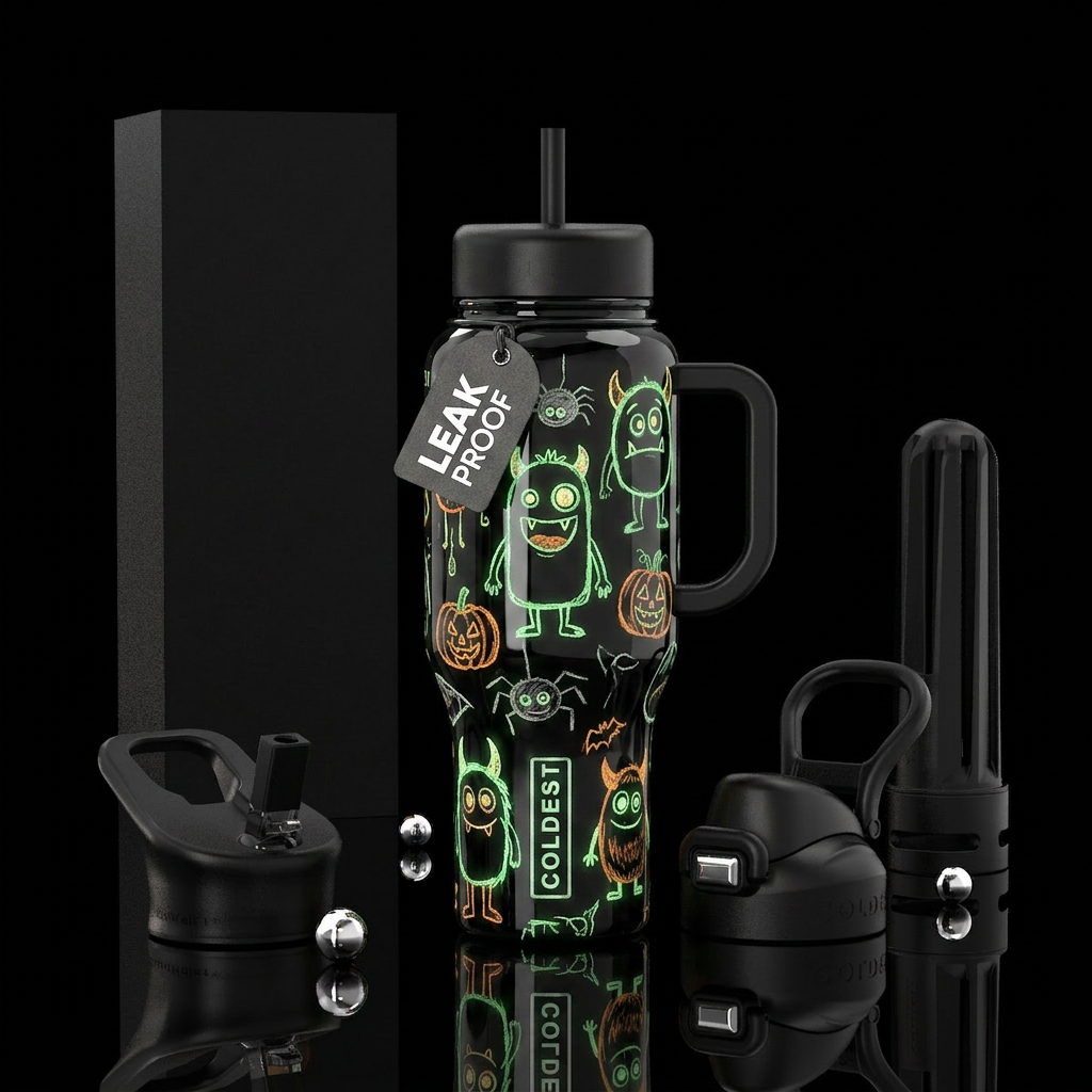 Child's drawings of monsters, Halloween, glow in t... water bottle design
