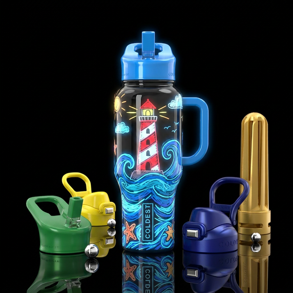 Child's drawing, lighthouse and waves, glossy, glo... water bottle design