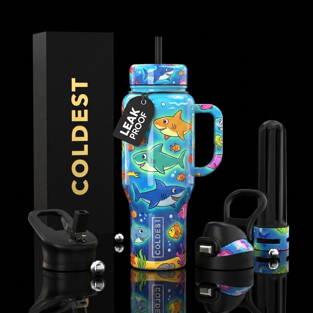 Child's drawings, sharks, glossy, glowie water bottle design