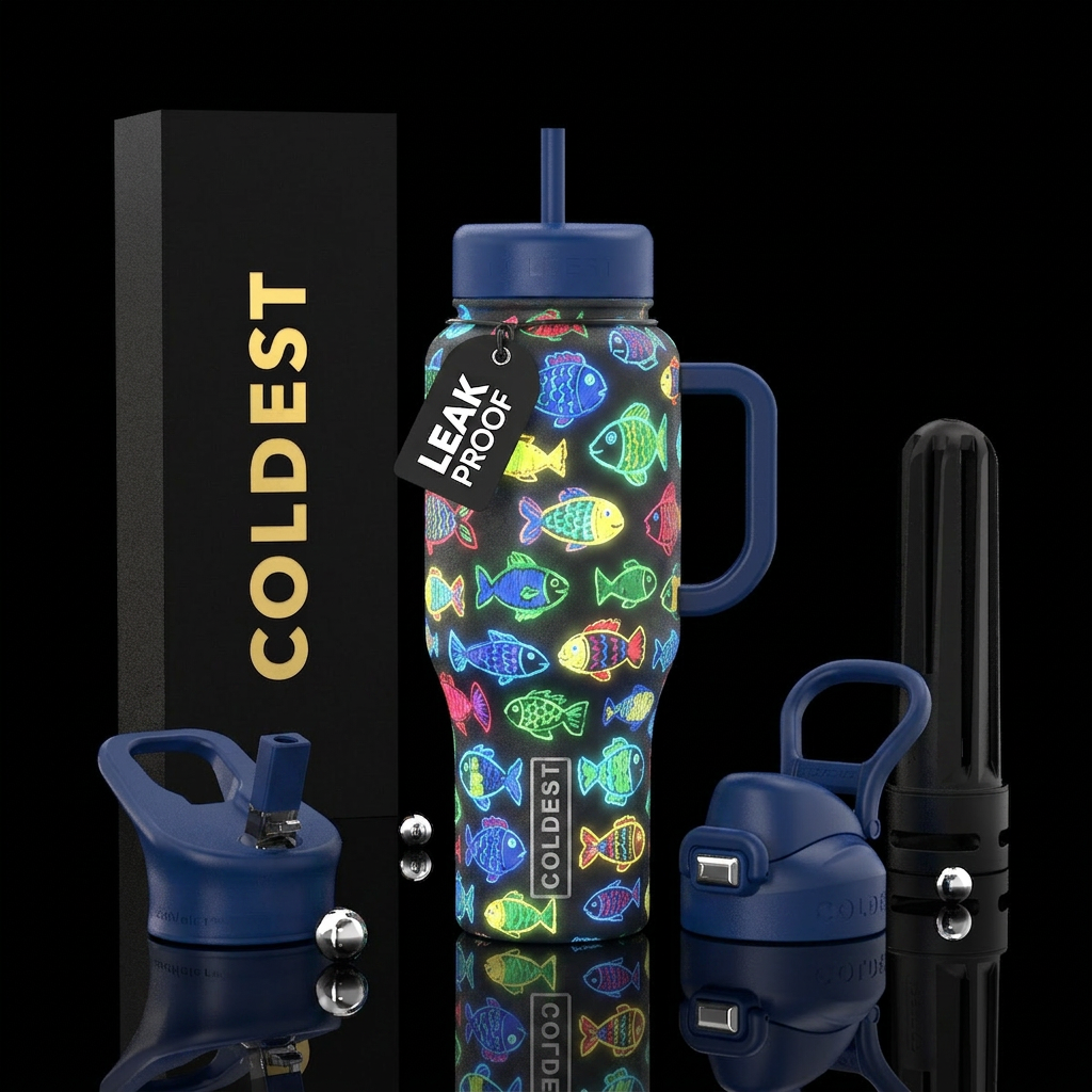 Child's drawings, fish, glossy, glowie water bottle design