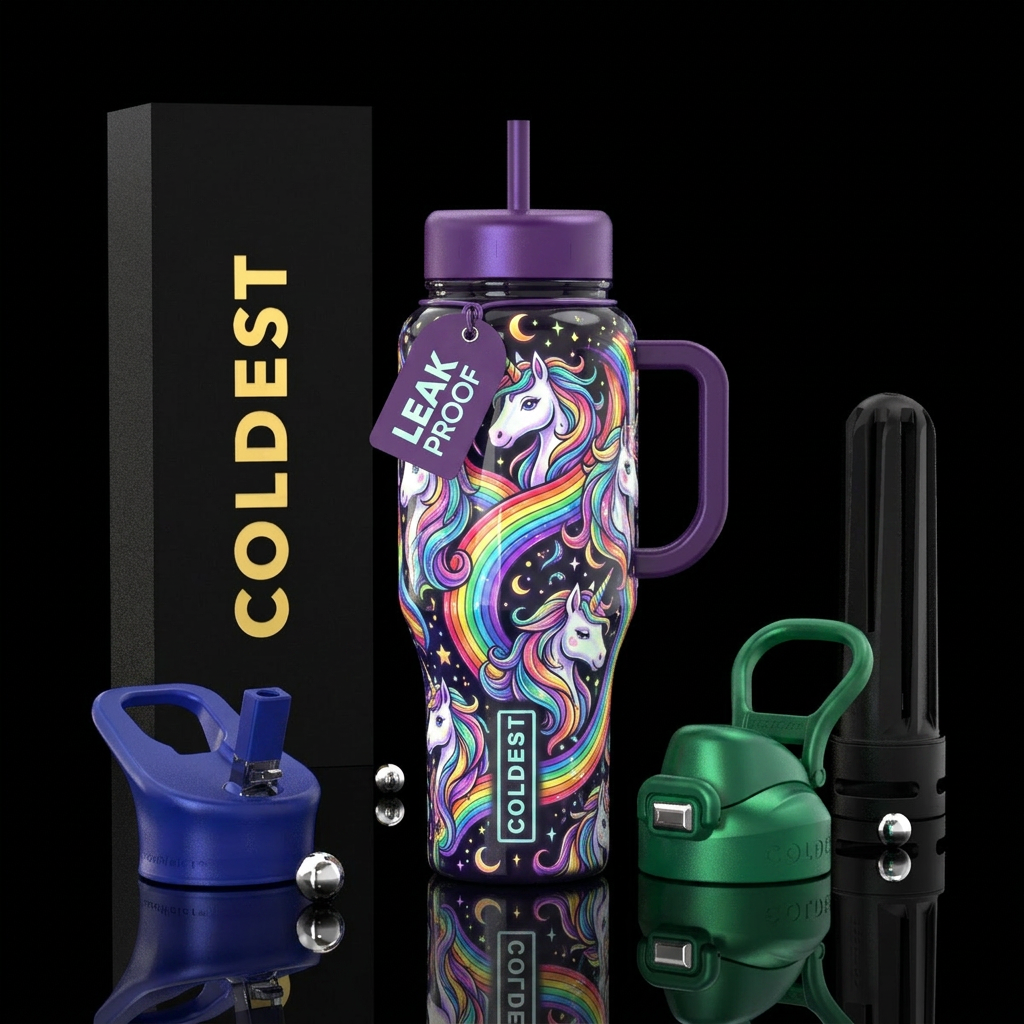 drawings rainbows and unicorns, glossy, glowie water bottle design