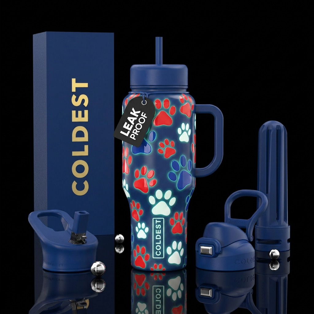 Red white and blue paw prints,glossy, glow in the ... water bottle design