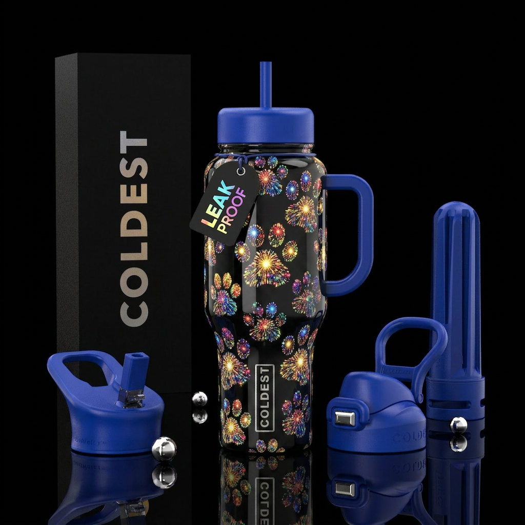 Fireworks paw prints,glossy, glow in the dark water bottle design