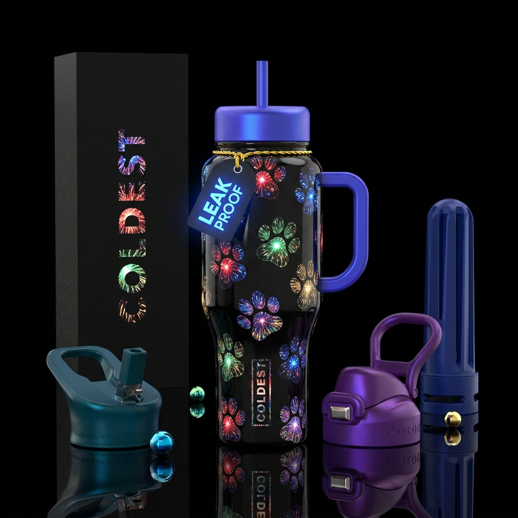 Fireworks paw prints,glossy, glow in the dark water bottle design