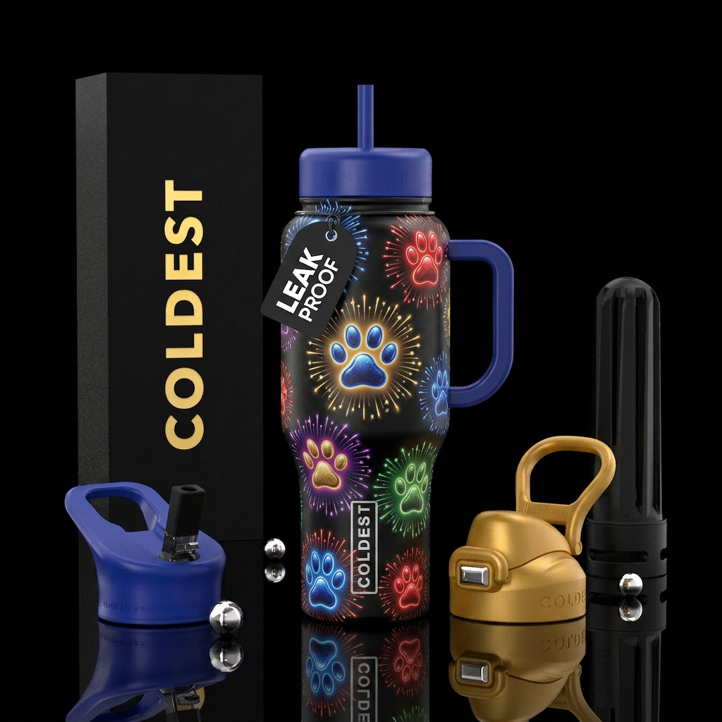 Fireworks paw prints,glossy, glow in the dark water bottle design