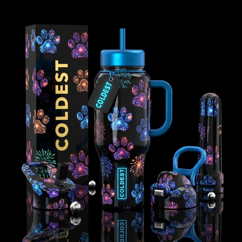 Fireworks paw prints,glossy, glow in the dark water bottle design