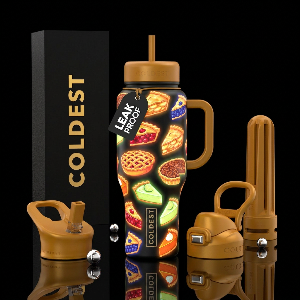 Different types of pie slices,glossy, glow in the ... water bottle design