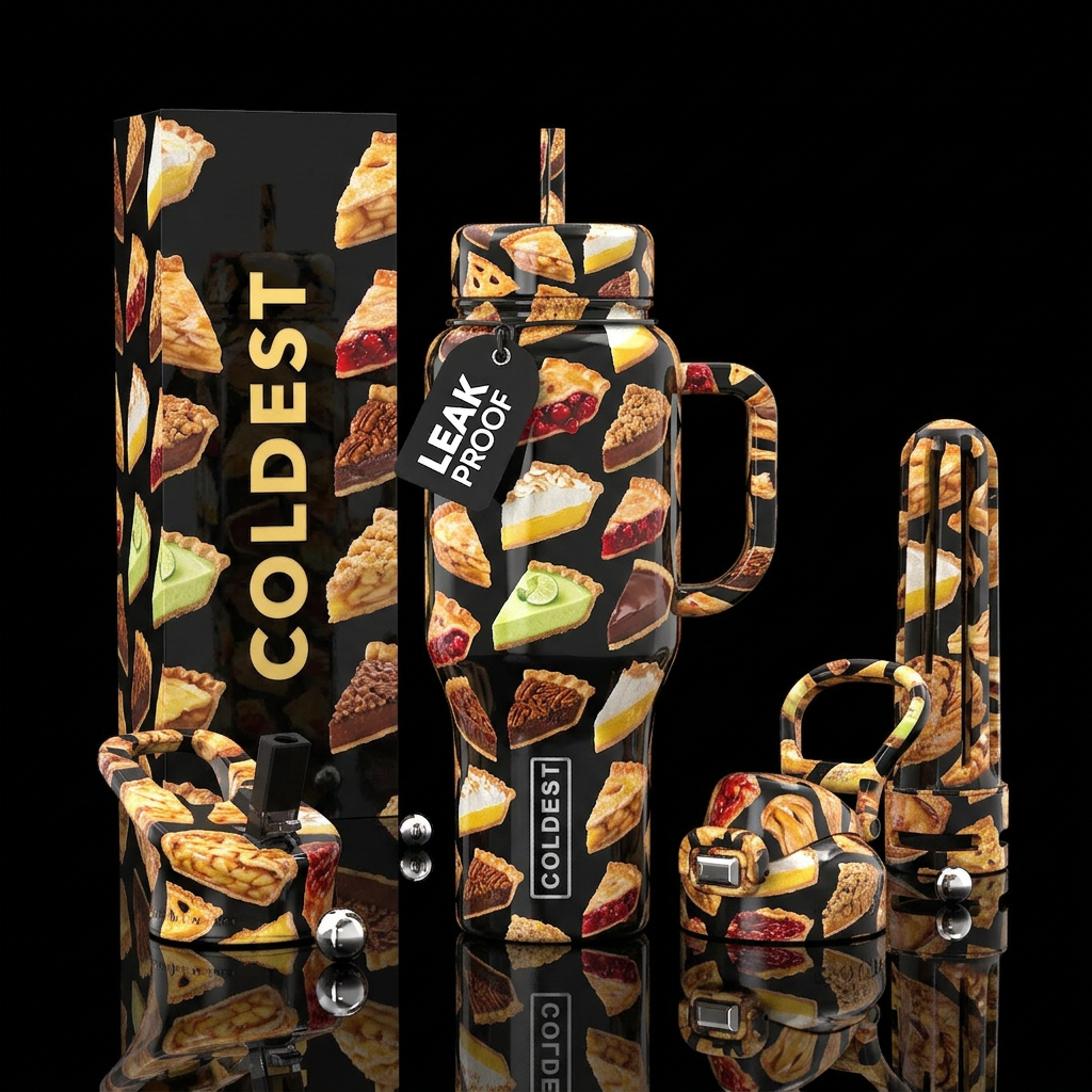 Different types of pie slices,glossy, water bottle design