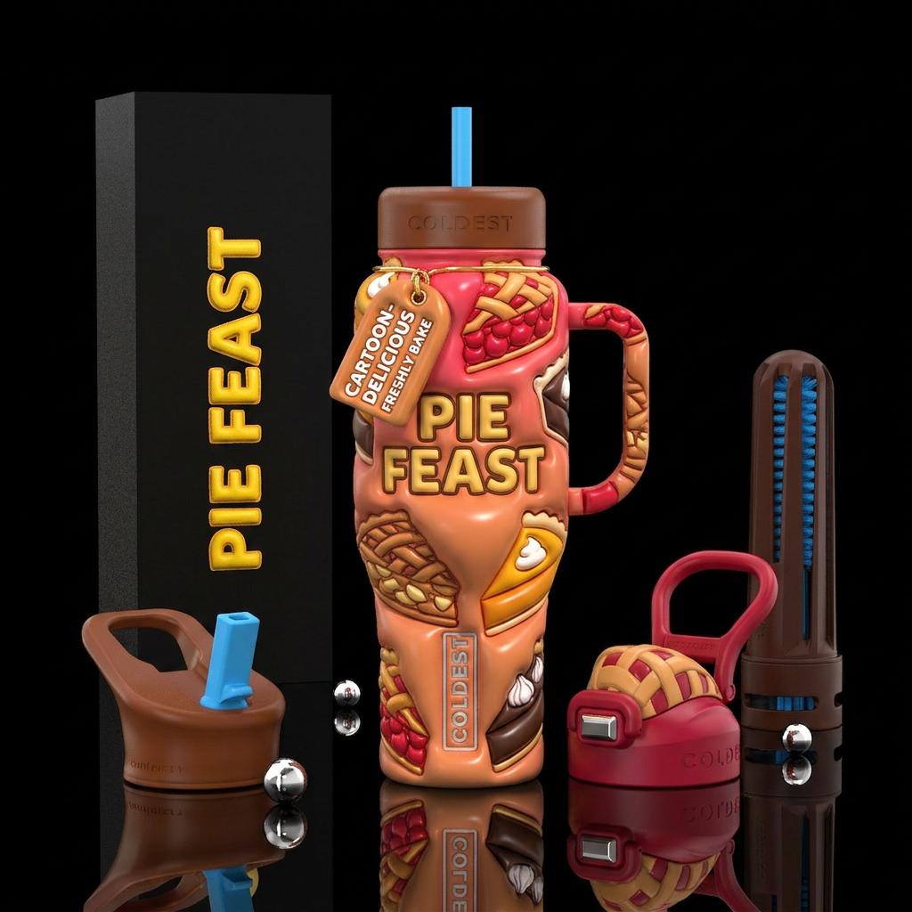 Different types of pie,glossy, cartoonish water bottle design