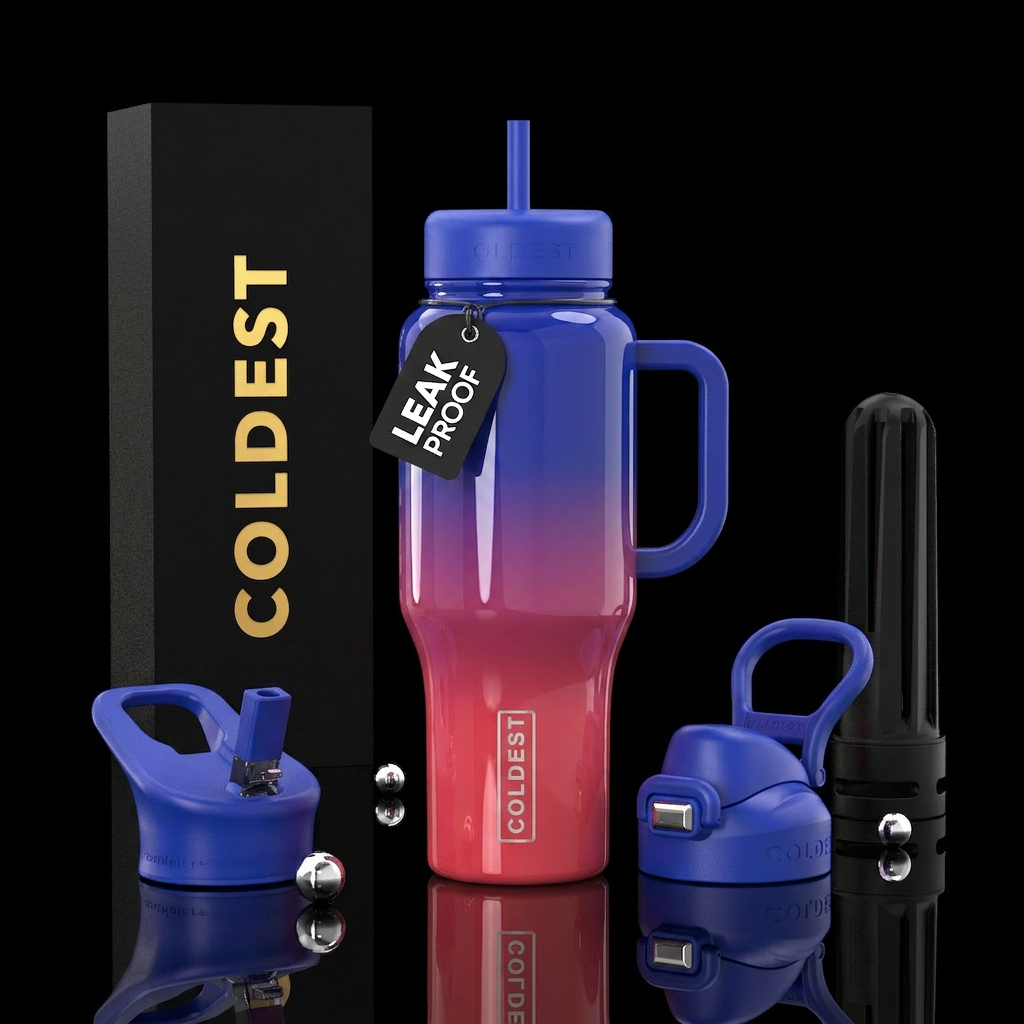Strawberry redish pink to blueberry blue, glossy water bottle design