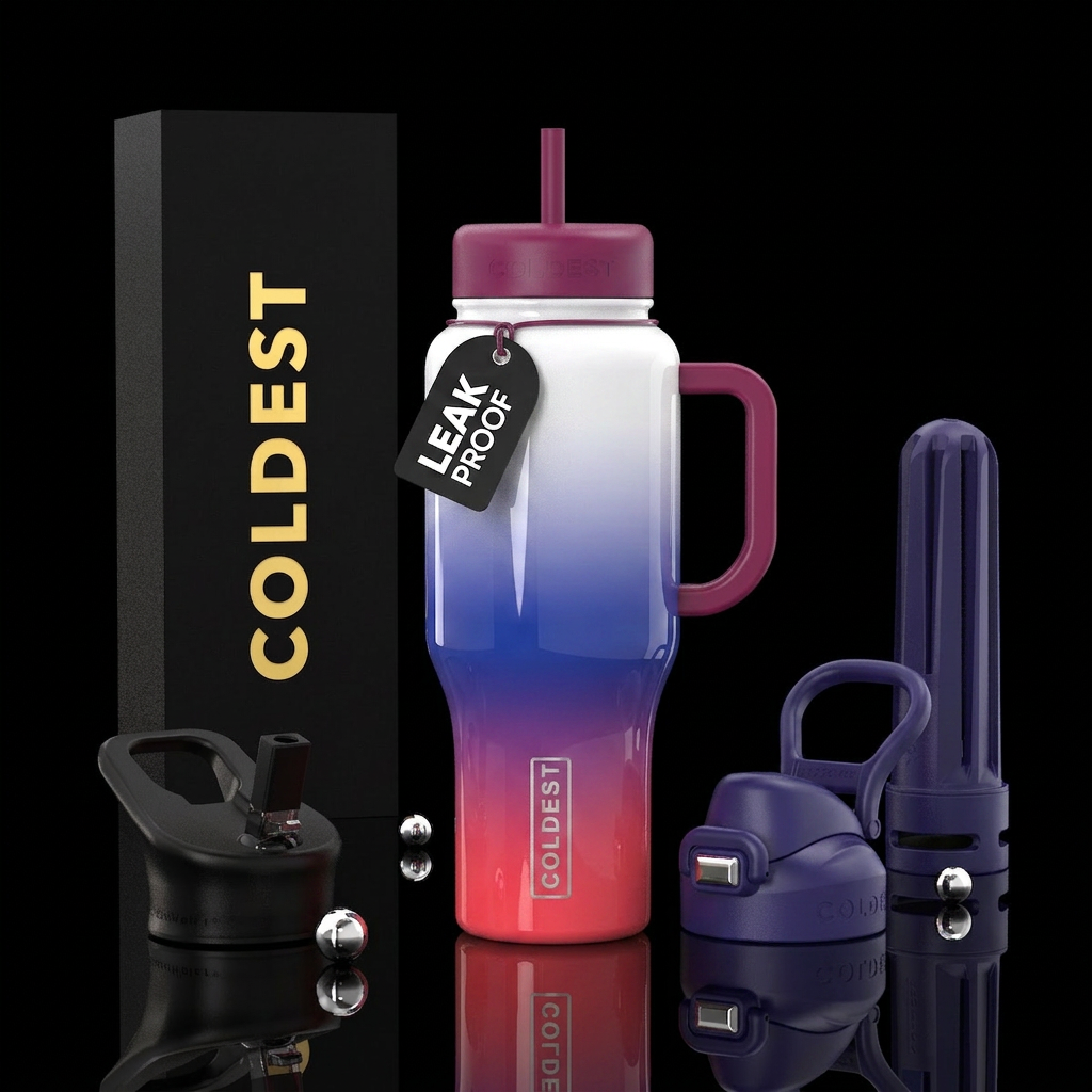 Strawberry redish pink to blueberry blue to white,... water bottle design