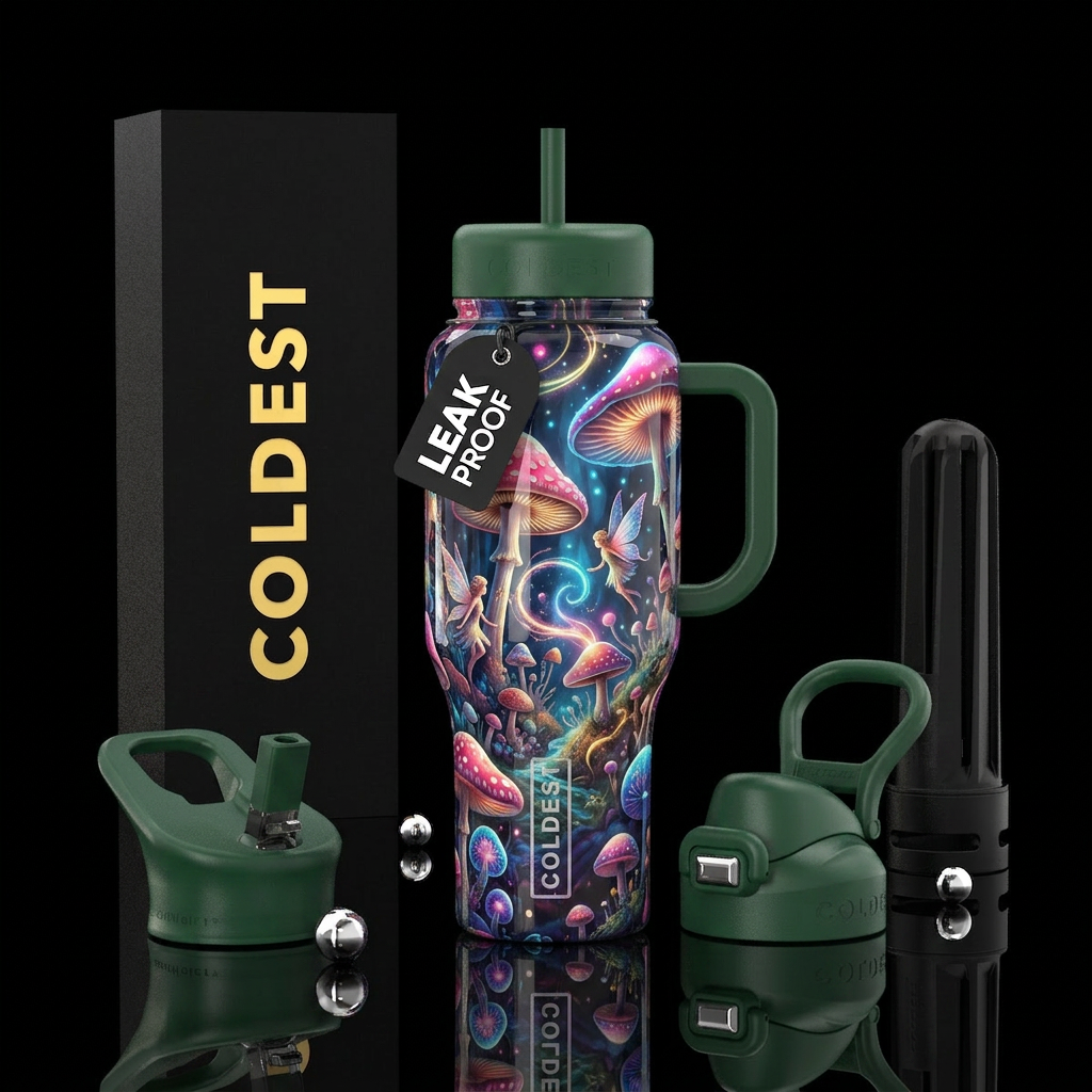 Faeries and magic mushrooms,toadstools, glowie, ps... water bottle design