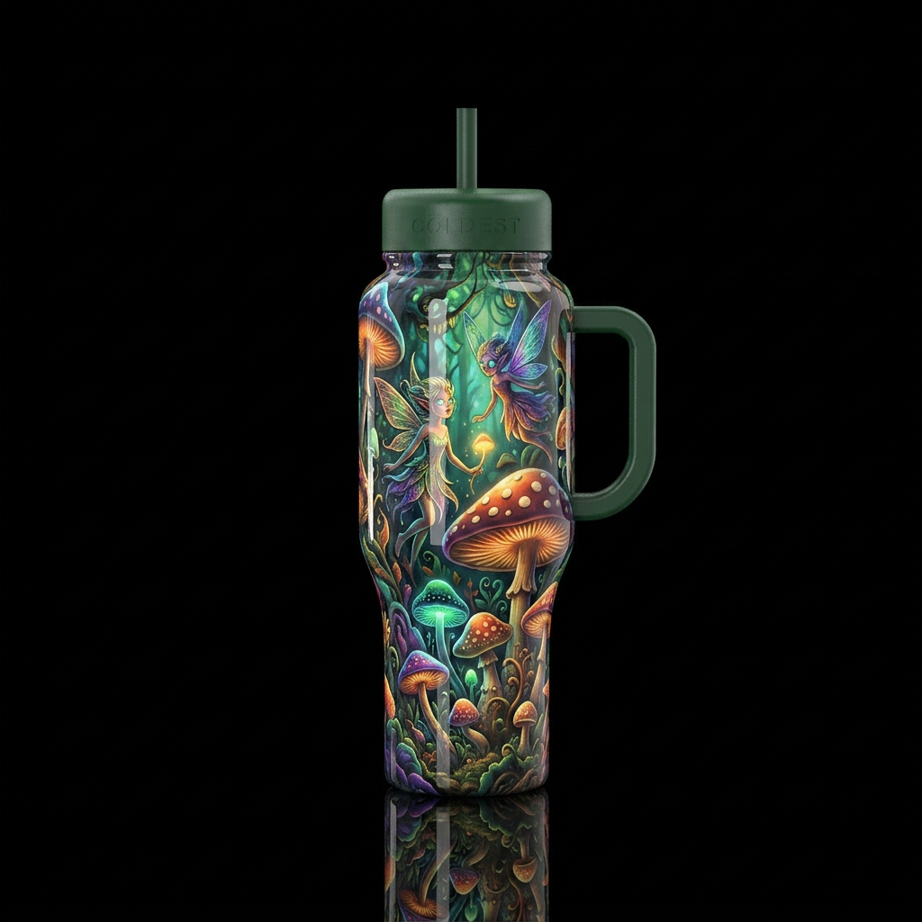 Faeries and magic mushrooms,enchanted toadstools, ... water bottle design