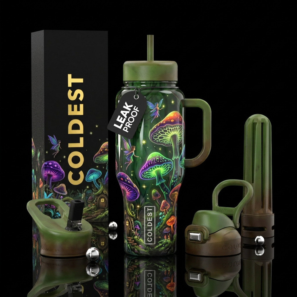 Faeries and magic mushrooms,enchanted toadstools, ... water bottle design