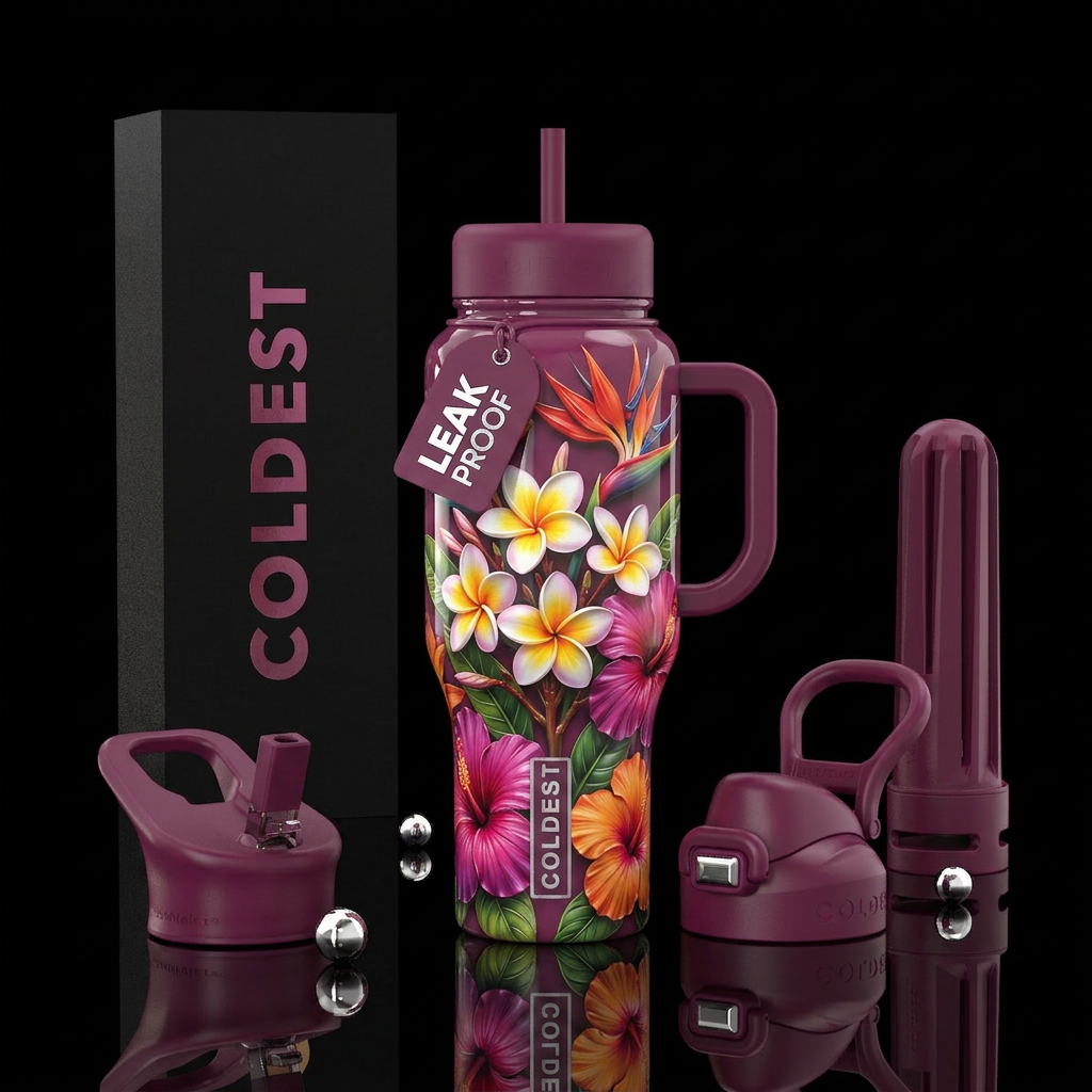 Plumaria, bird of paradise, hibiscus, glossy, allu... water bottle design