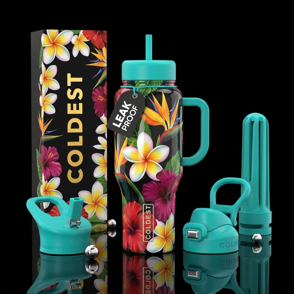 Plumaria, bird of paradise, hibiscus, glossy, allu... water bottle design