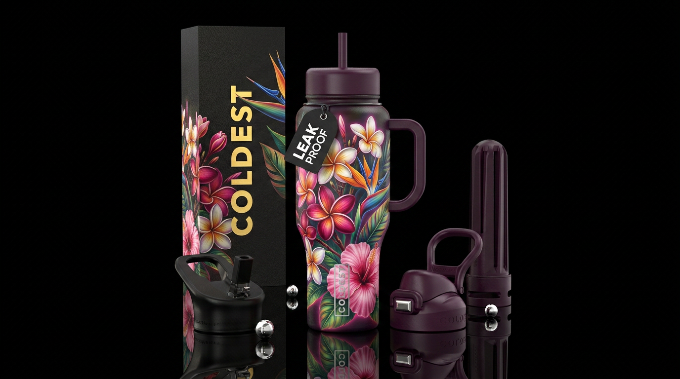 Plumaria, bird of paradise, hibiscus, glossy, allu... water bottle design