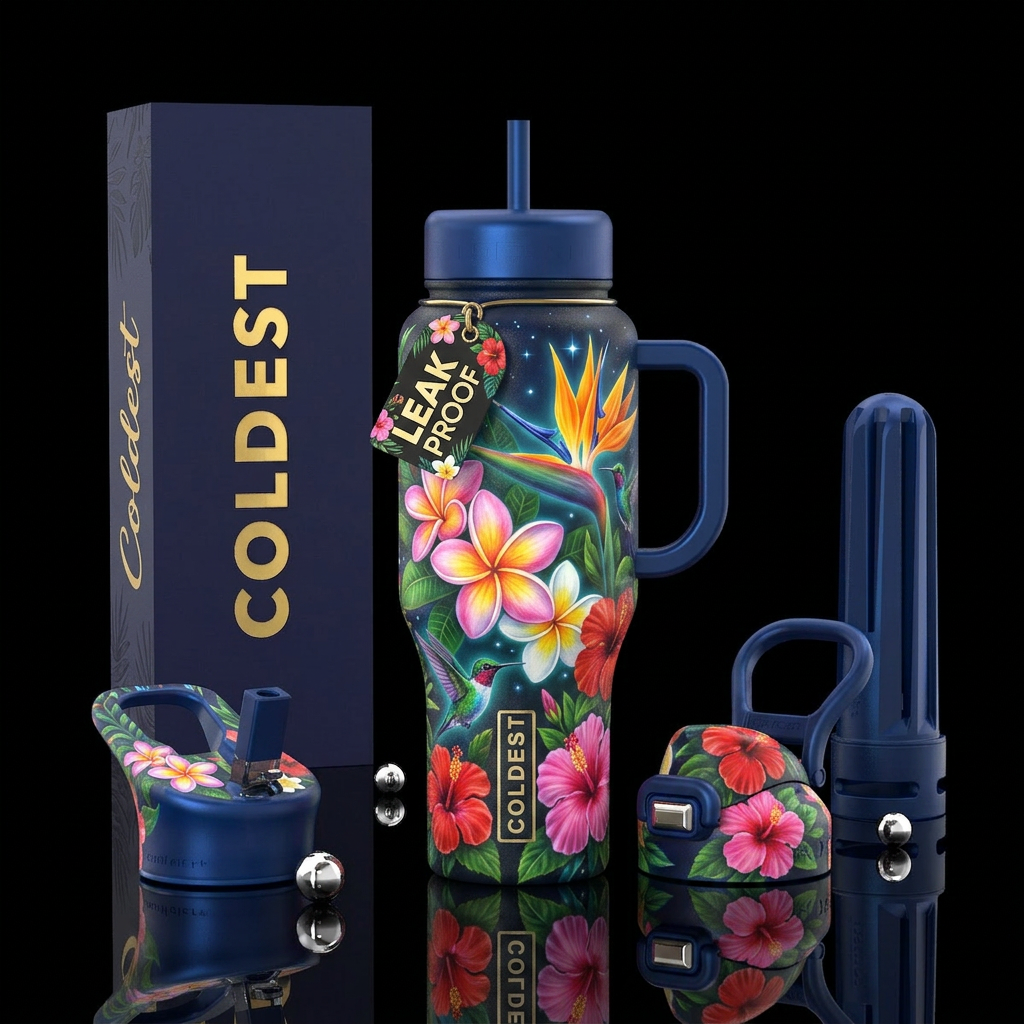 Plumaria, bird of paradise, hibiscus, glossy, allu... water bottle design
