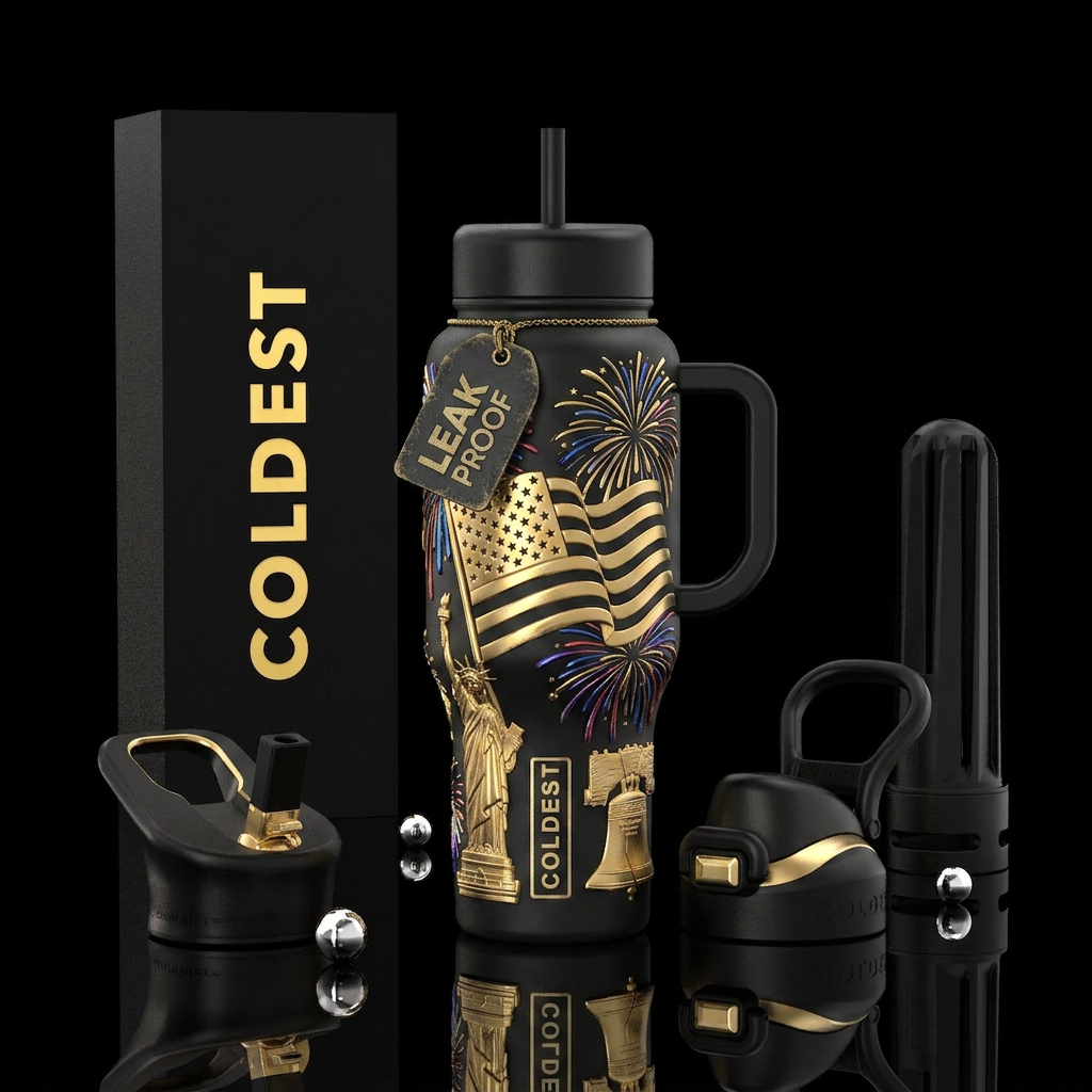 Black with trompe-l'œil sculpted gold American fla... water bottle design
