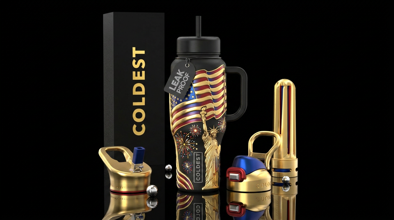 Black with trompe-l'œil sculpted gold American fla... water bottle design