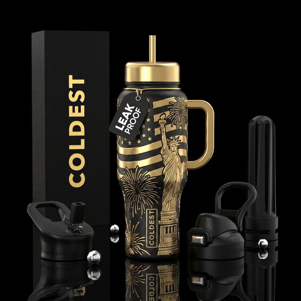 Black with trompe-l'œil sculpted gold American fla... water bottle design