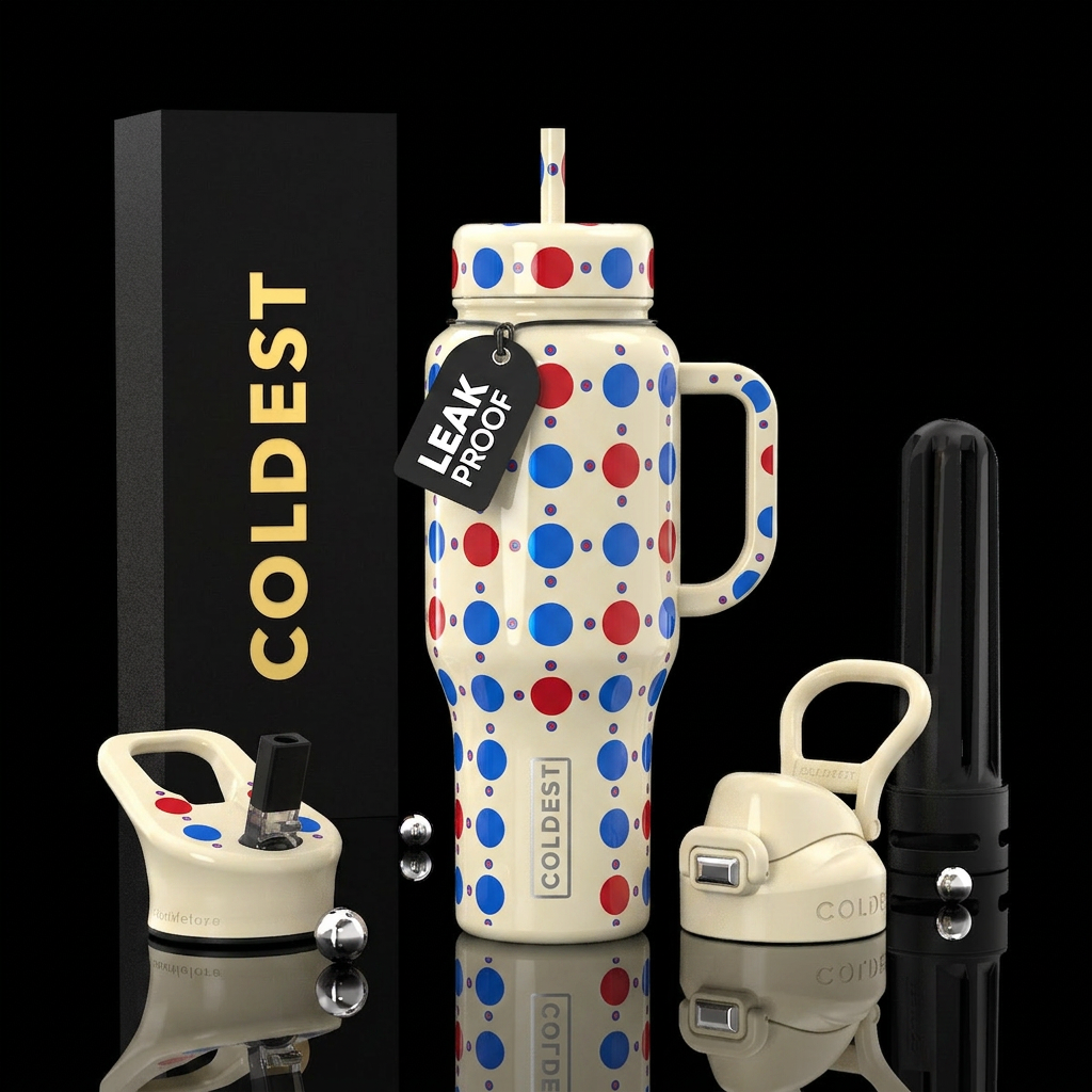 Cream background blue and red circles of the same ... water bottle design