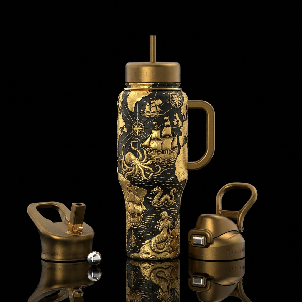 Black background old map in gold with Olde style s... water bottle design