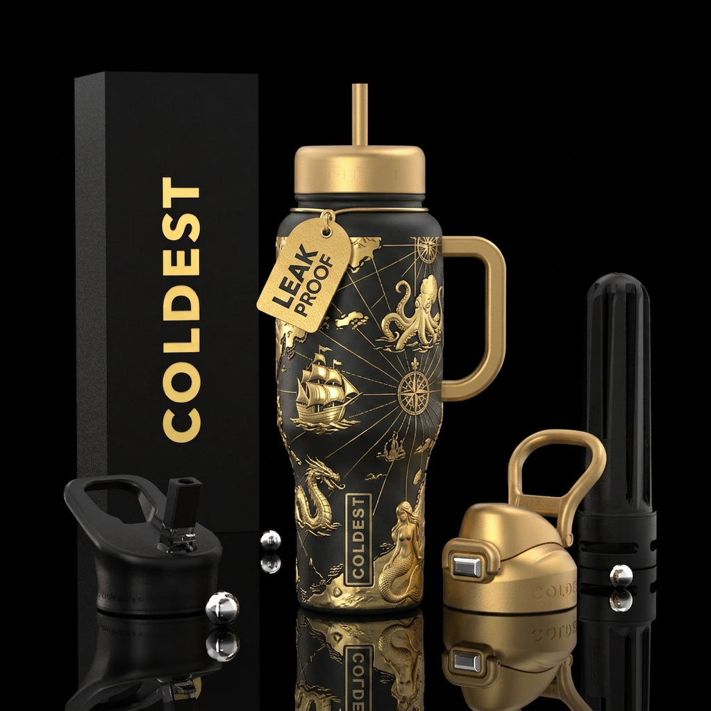 Black background old map in gold with Olde style s... water bottle design