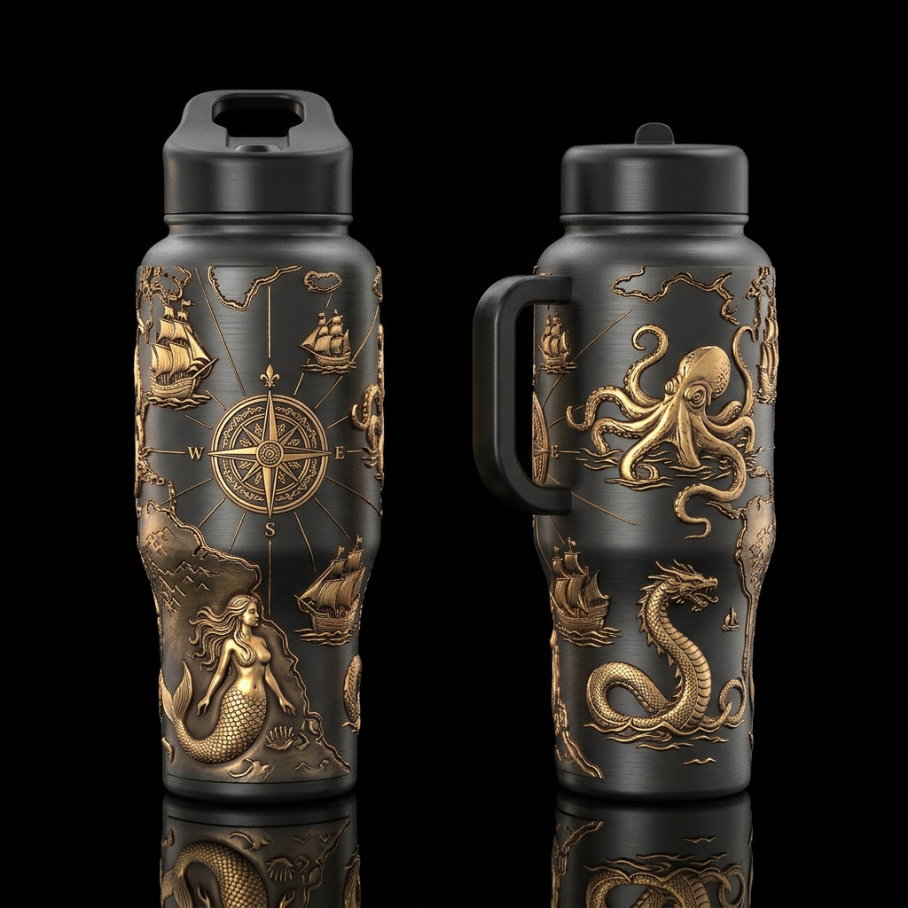 brushed dark charcoal-black metal. Fully wrapping ... water bottle design