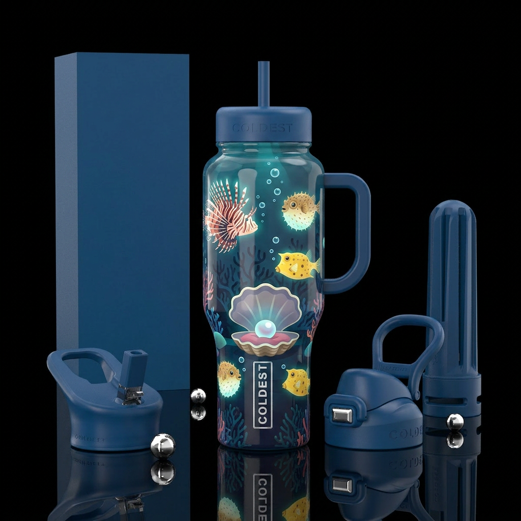 Dwarf lionfish, spineybox pufferfish, yellow cowfi... water bottle design