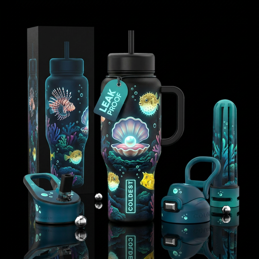 Dwarf lionfish, spineybox pufferfish, yellow cowfi... water bottle design