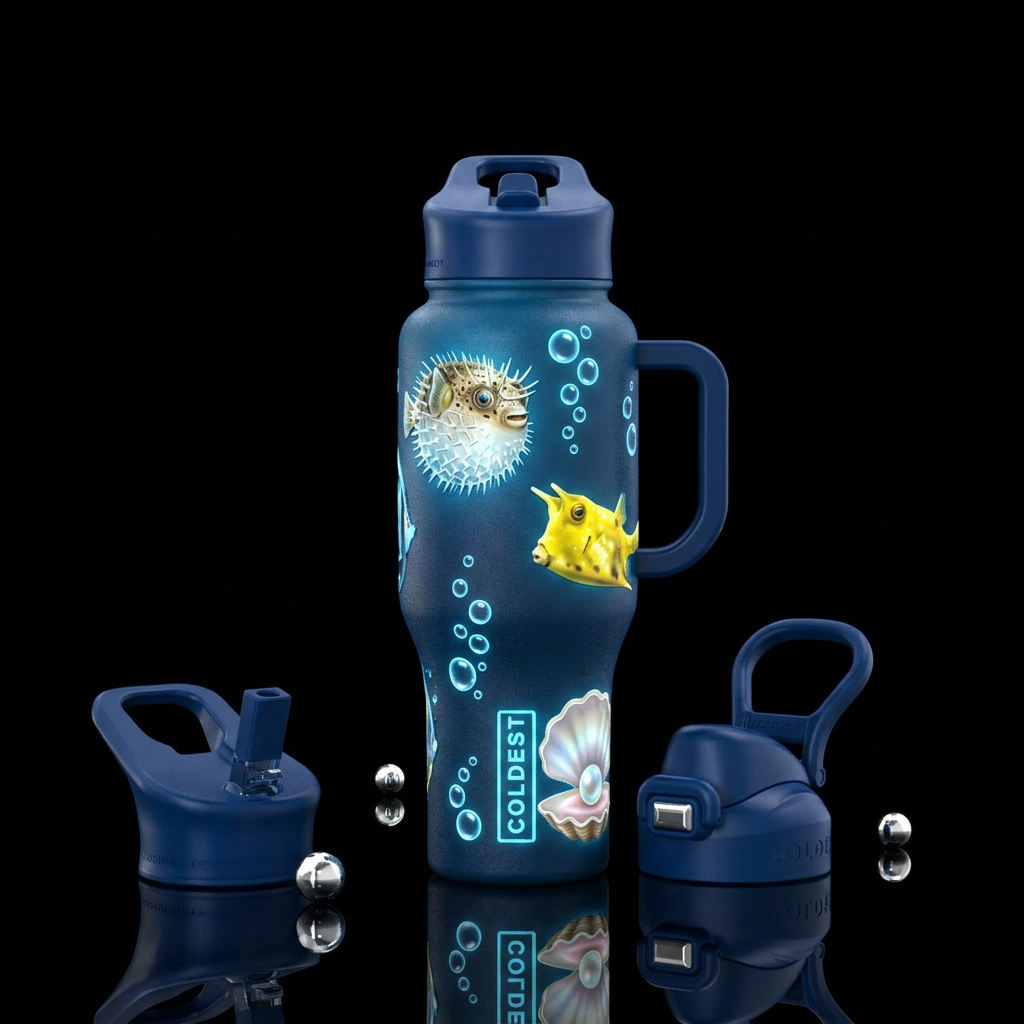 , spineybox pufferfish, yellow cowfish, large clam... water bottle design
