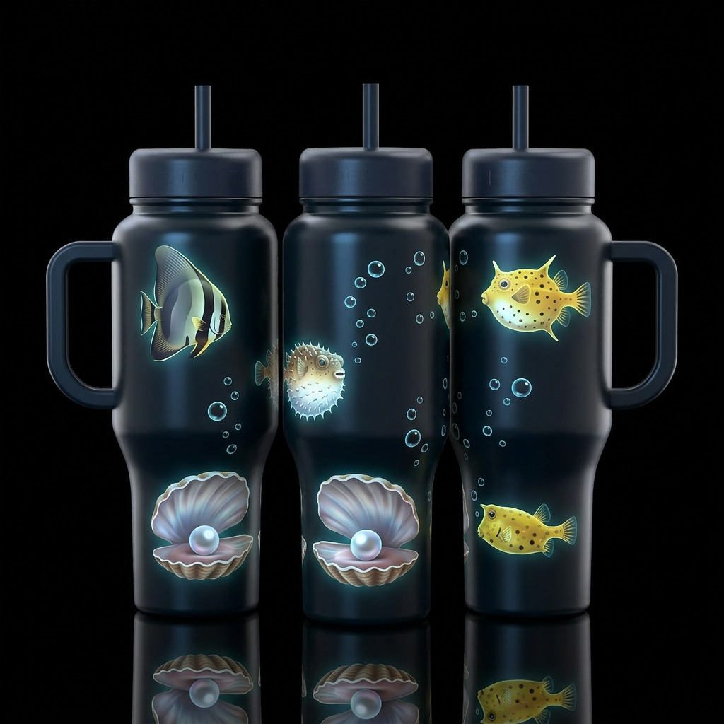 Batfish, spineybox pufferfish, yellow cowfish, lar... water bottle design